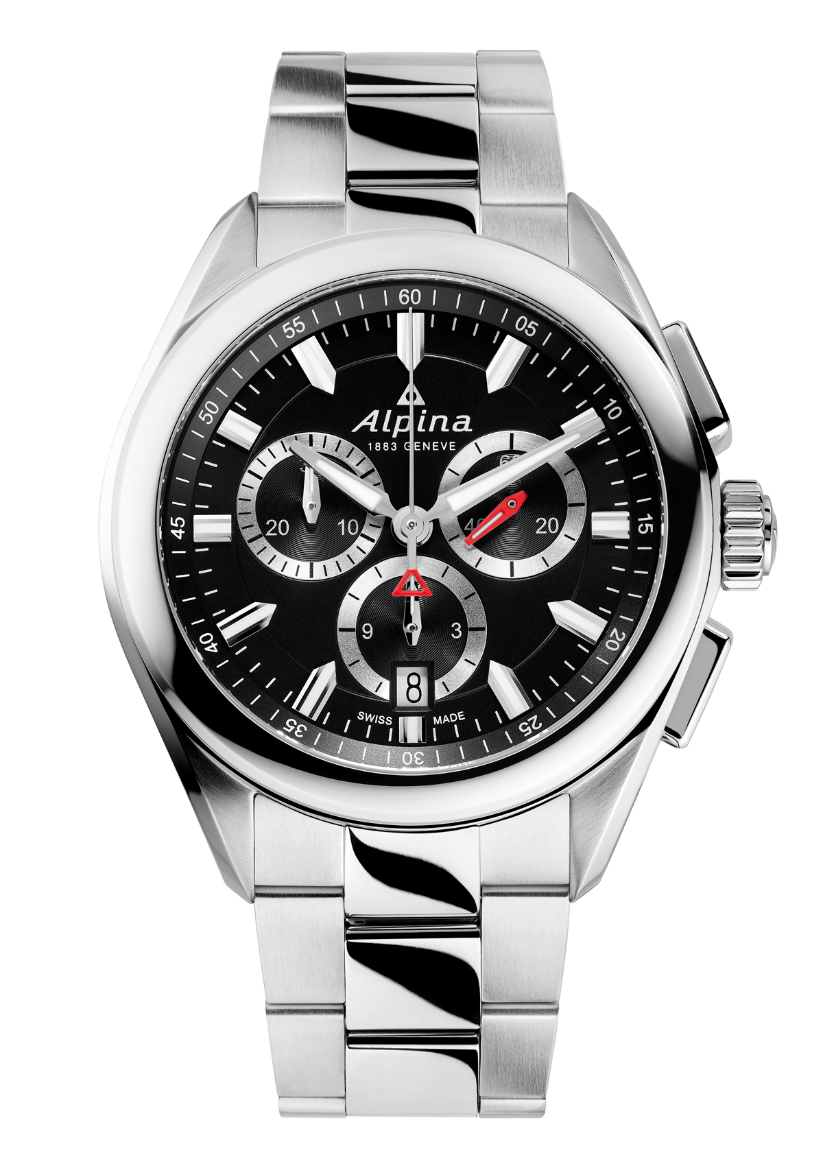 Stainless steel chronograph wristwatch with a black dial and three subdials.