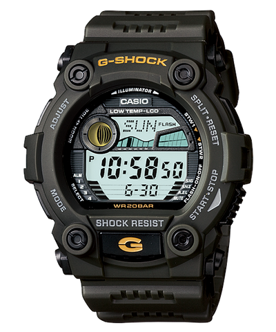 Rugged digital G-Shock watch with a black resin band and multiple functions displayed on its face.