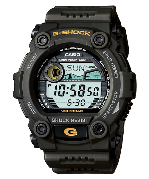 Rugged digital G-Shock watch with a black resin band and multiple functions displayed on its face.