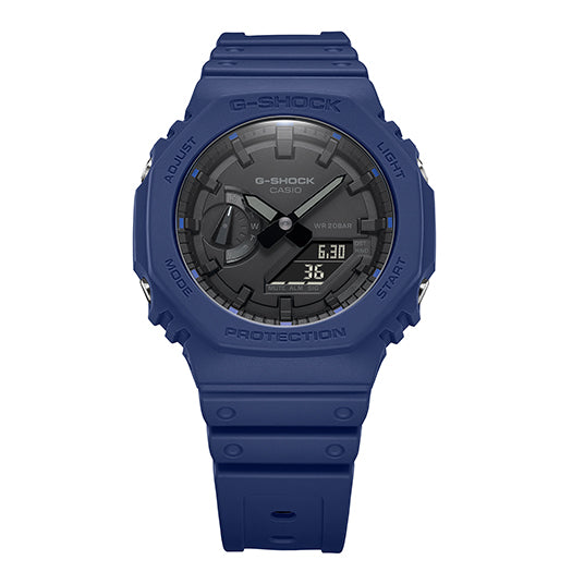 Blue G-Shock digital wristwatch with a dark face and analog-digital display.