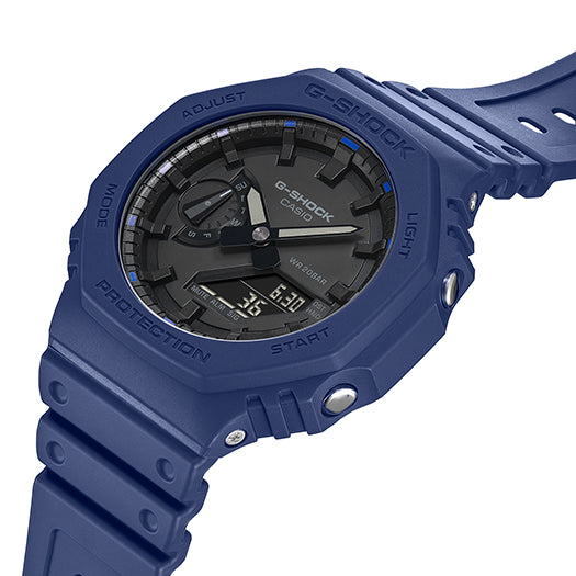 Blue sports watch with a dark circular face and digital display.