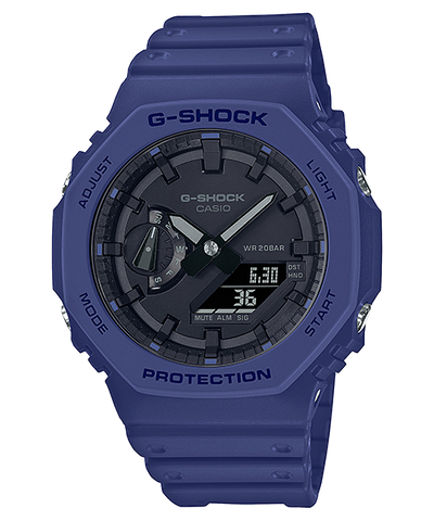 Blue G-Shock wristwatch with a digital-analog display and protective casing.