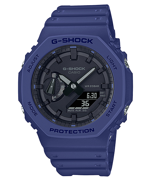 Blue G-Shock wristwatch with a digital-analog display and protective casing.