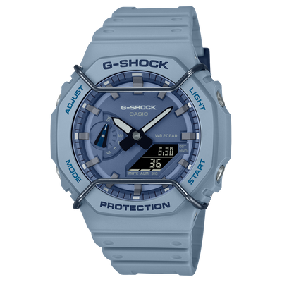 Light blue G-Shock digital wristwatch with analog hands and a protective bezel.