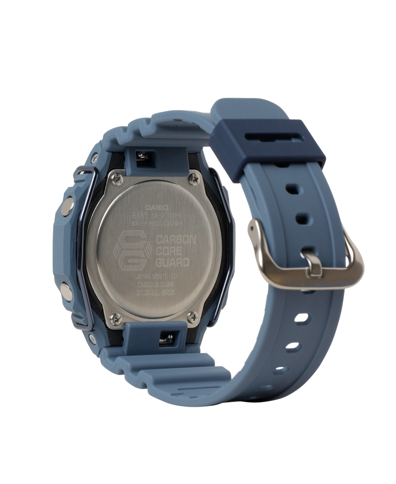 Blue digital wristwatch with a rubber strap.