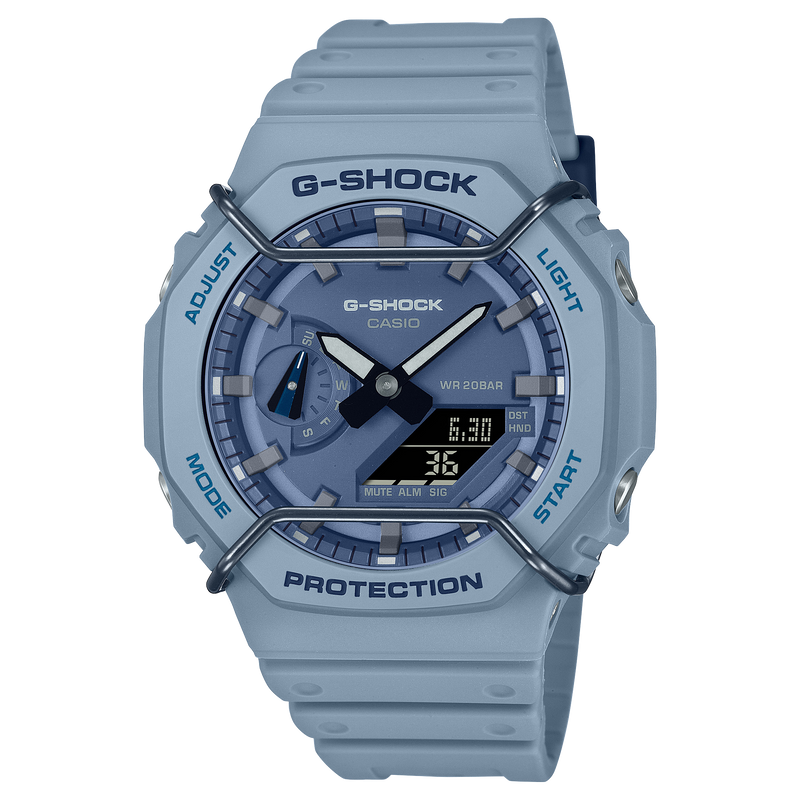 Light blue G-Shock digital wristwatch with analog hands and a protective bezel.