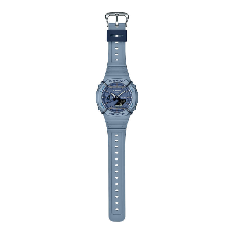 Blue-gray digital wristwatch with a round face and multiple display features.