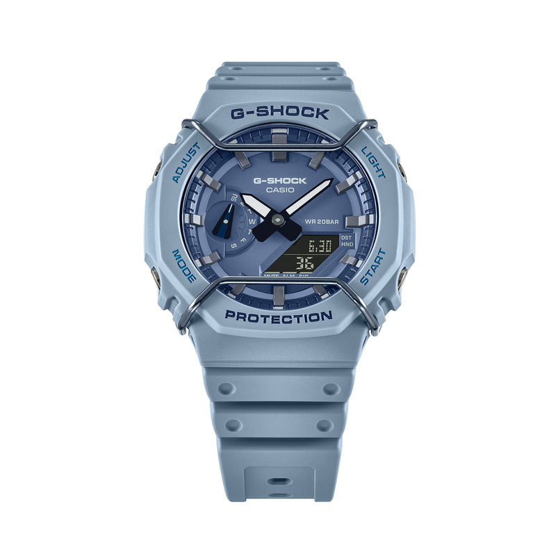 Light blue G-Shock wristwatch with a digital-analog display and protective casing.