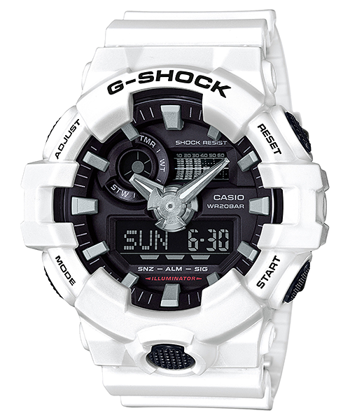 White G-Shock digital-analog wristwatch with a black face.