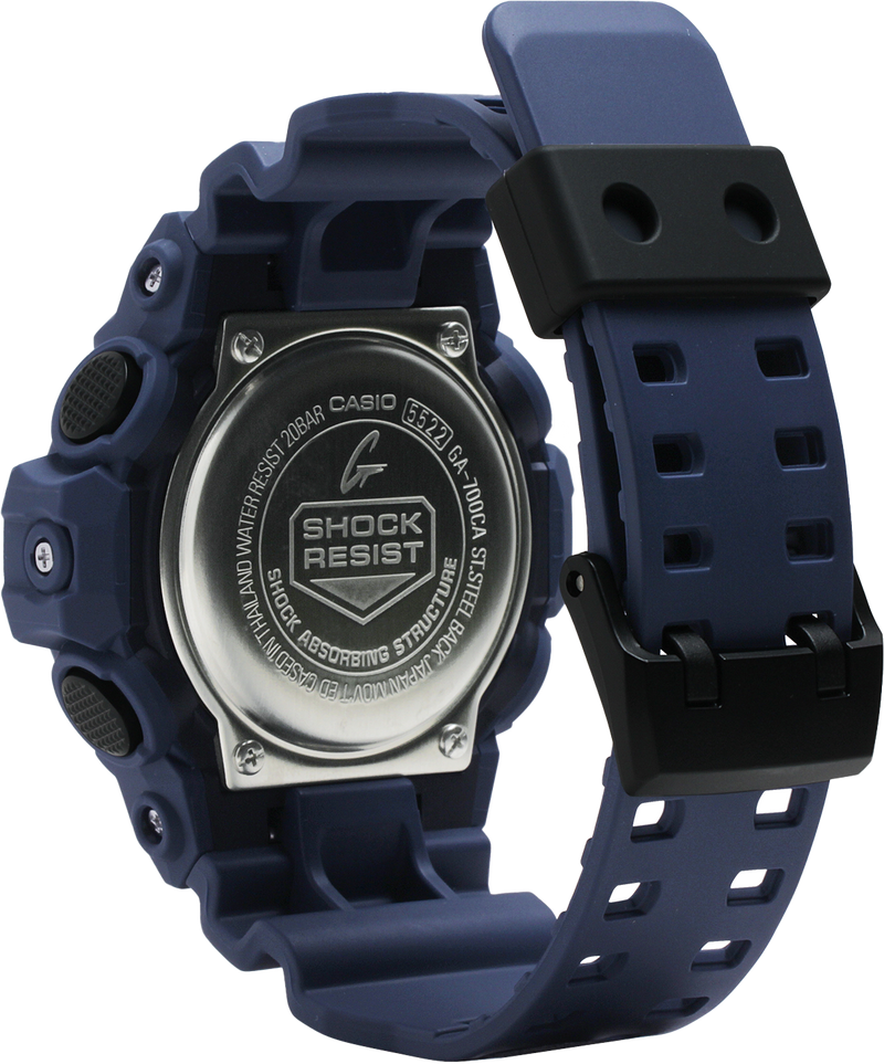 Navy blue G-Shock digital wristwatch with a rugged design and shock-resistant features.