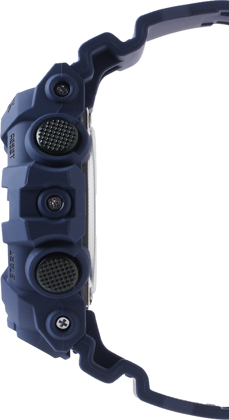 Side view of a rugged blue digital watch with multiple buttons and sensors visible.