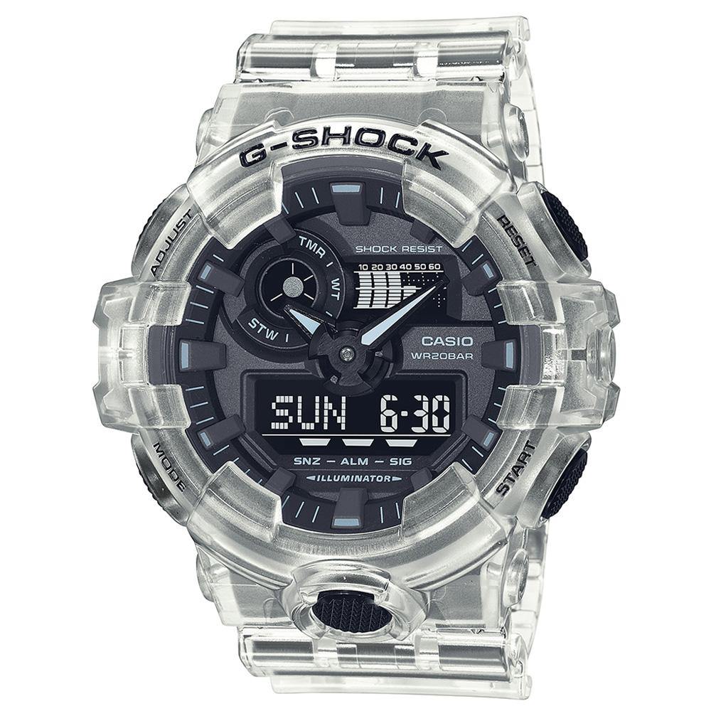 Clear transparent G-Shock digital wristwatch with a black face display.
