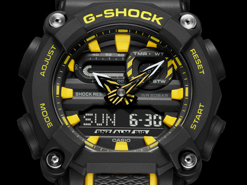 Rugged G-Shock wristwatch with black and yellow color scheme featuring both analog and digital displays.