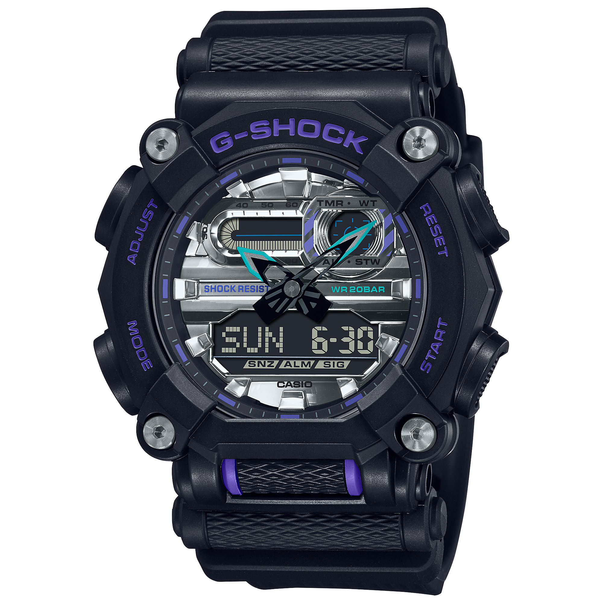 G-Shock digital wristwatch with a black case and purple accents.