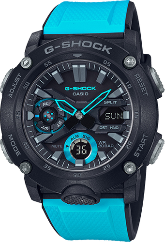 G-Shock watch with a black face and bright turquoise band.