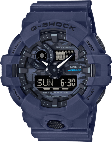 Navy blue G-Shock digital watch with multiple display features and a rugged design.