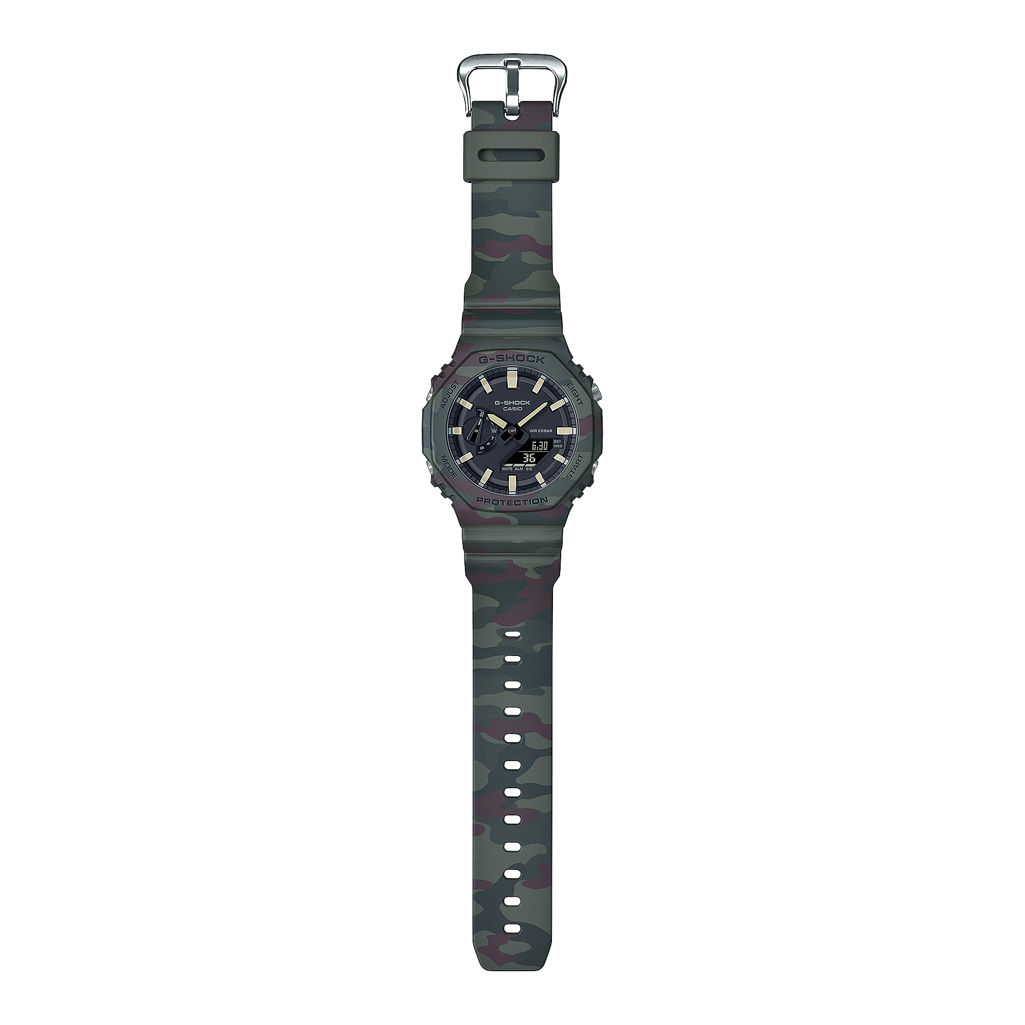 Rugged digital wristwatch with a dark green band and black face.