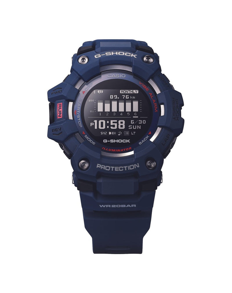 Navy blue G-Shock digital wristwatch with a rugged design and circular display.