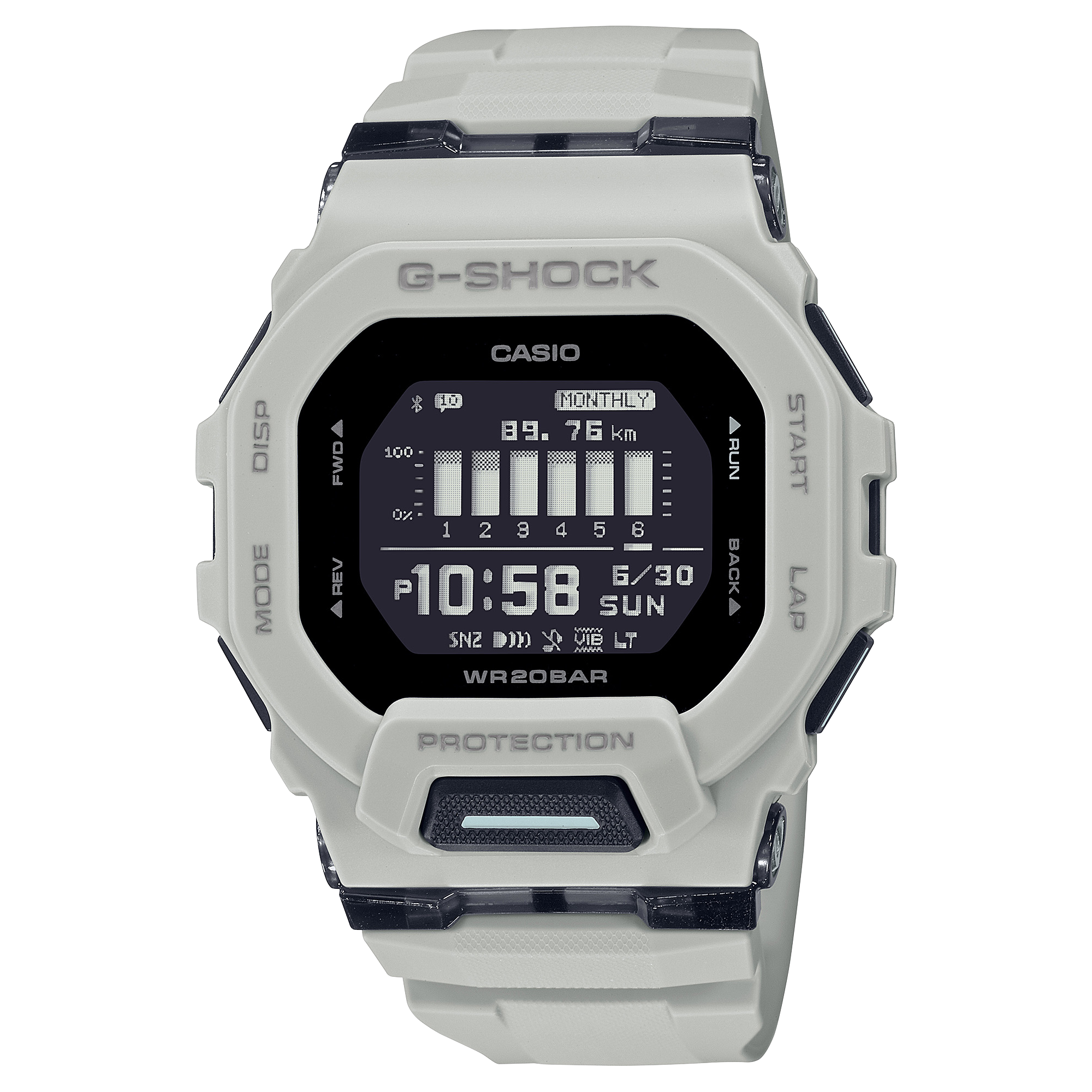 G-Shock digital wristwatch with a white case and black display.