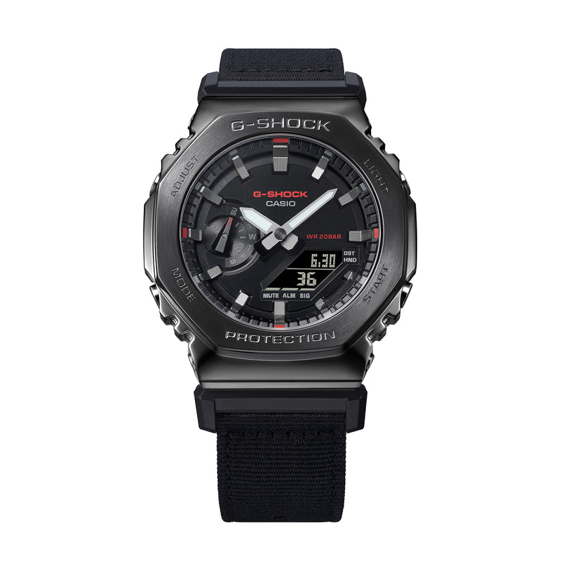 Black G-Shock wristwatch with analog-digital display and fabric strap.