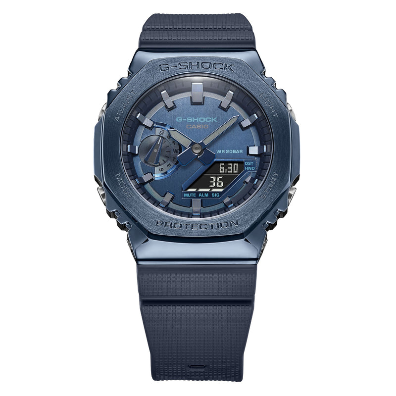 G-Shock wristwatch with a blue-gray color scheme and digital-analog display.