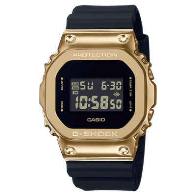 Gold-toned digital G-Shock watch with a black resin strap.