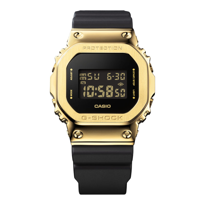 Gold-colored digital G-Shock watch with a black band and square face.