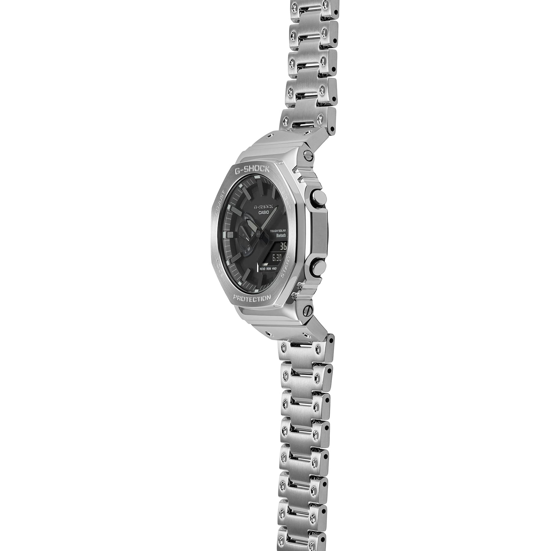 Silver metal wristwatch with a dark face and chunky bracelet-style band.