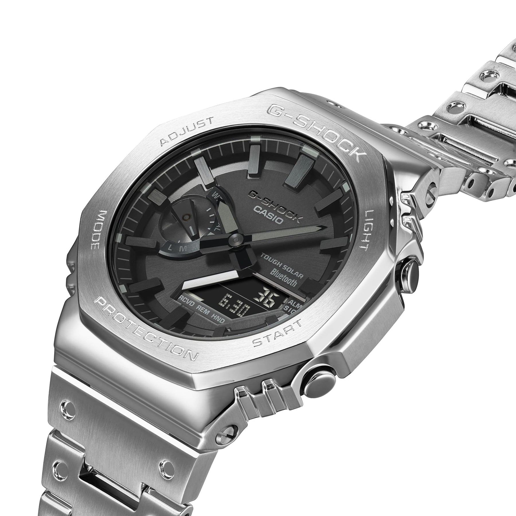 Silver metal wristwatch with a dark gray dial and digital display.