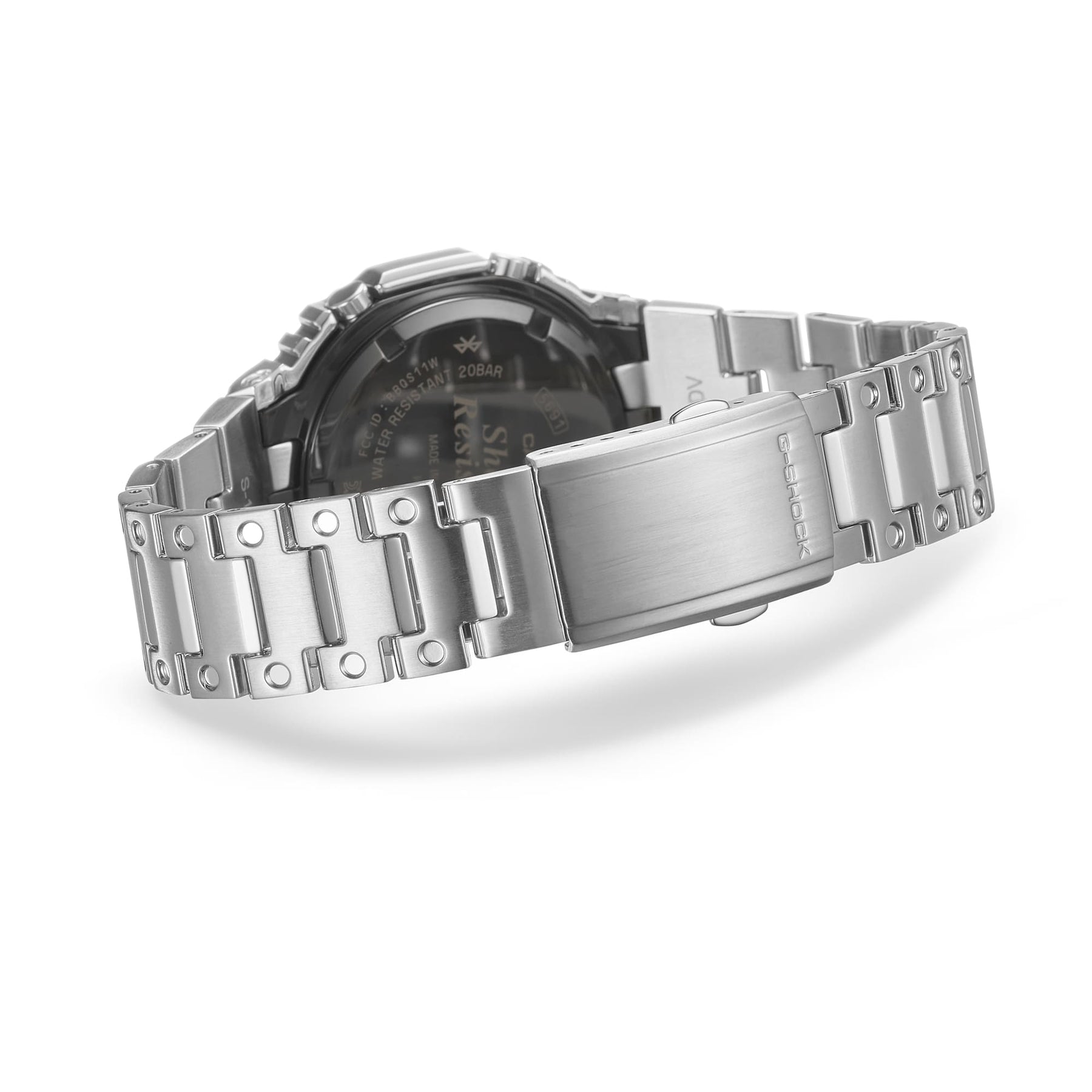 Stainless steel wristwatch with a metal link bracelet.