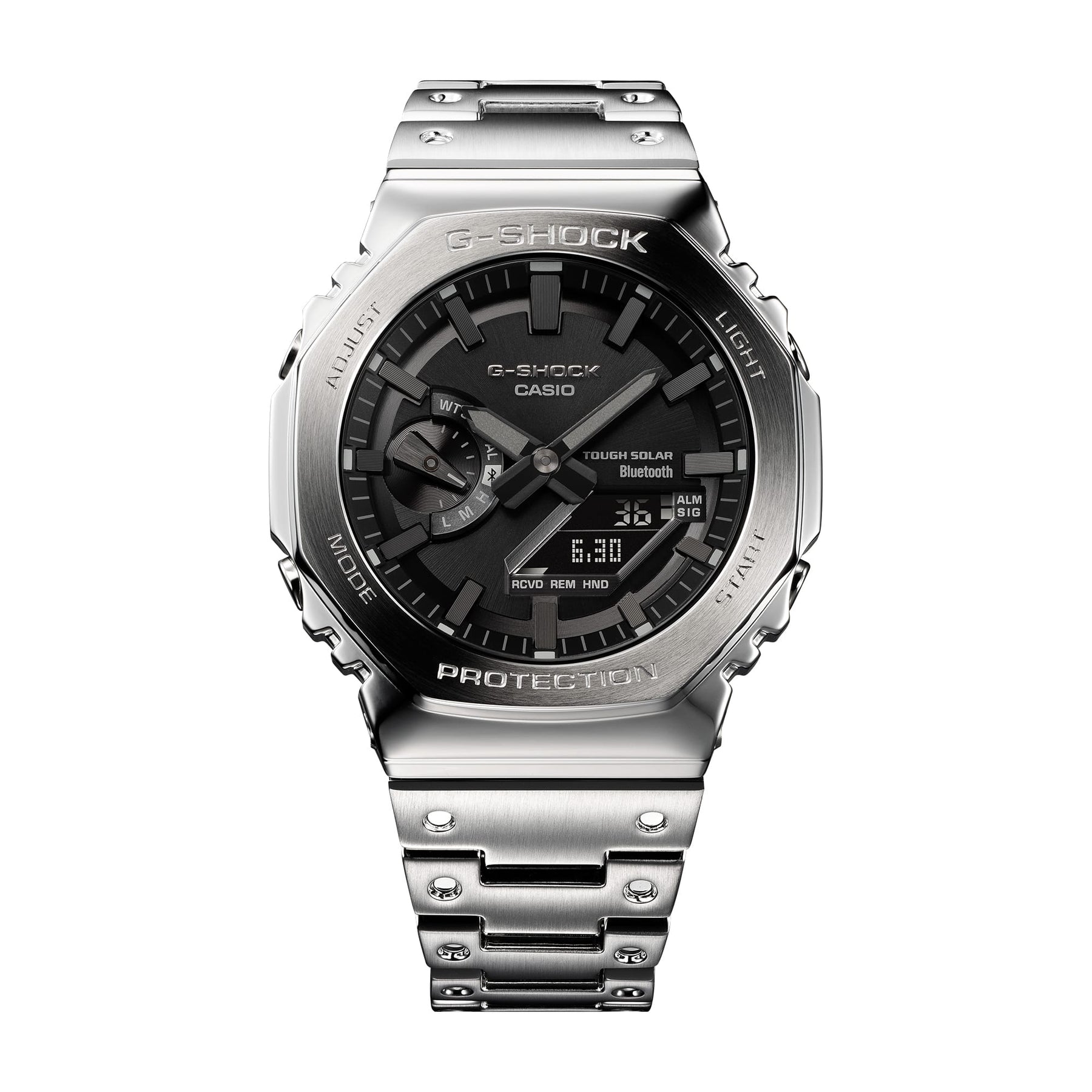 Silver G-Shock watch with a black dial and digital-analog display.