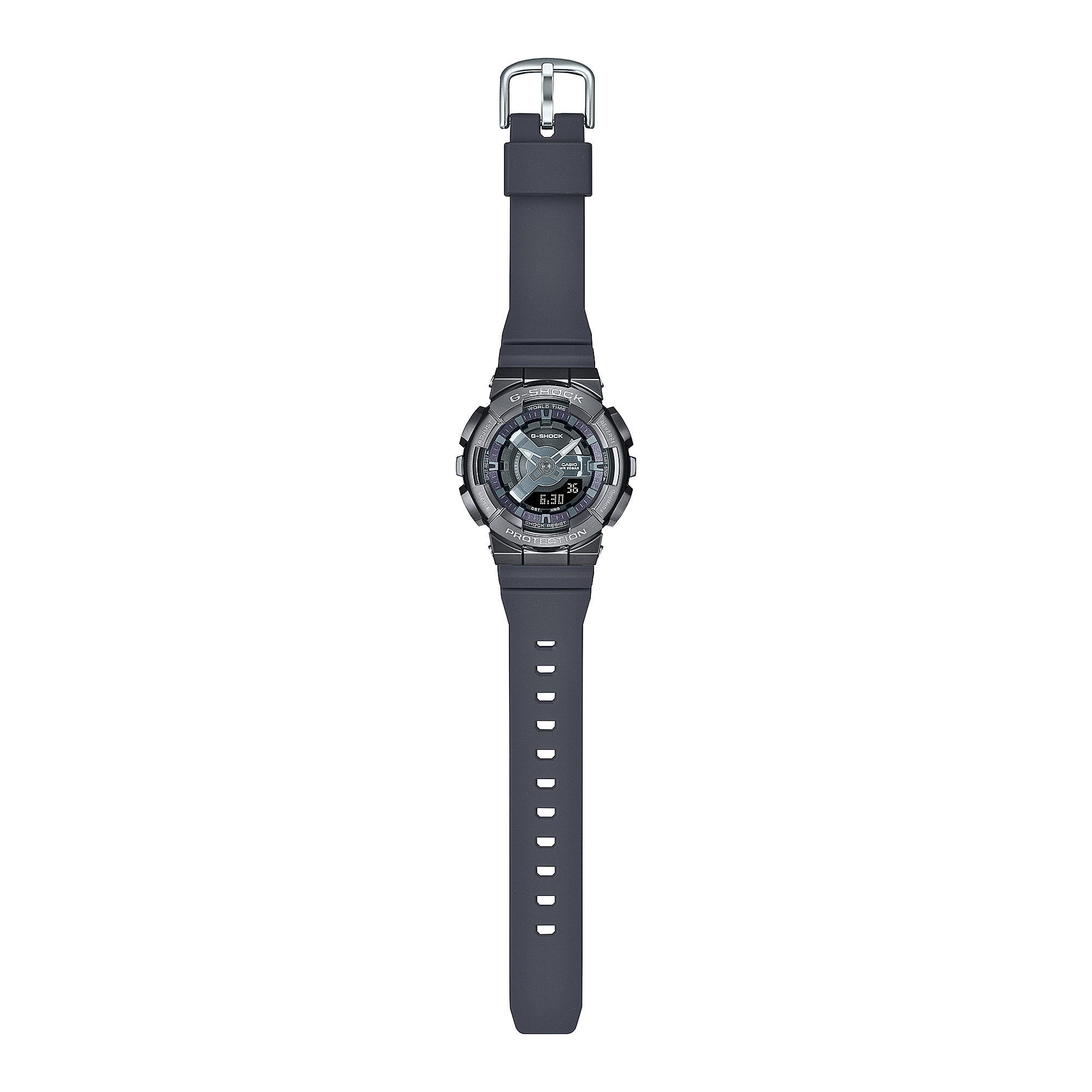 Digital sports watch with a dark gray band and circular face.