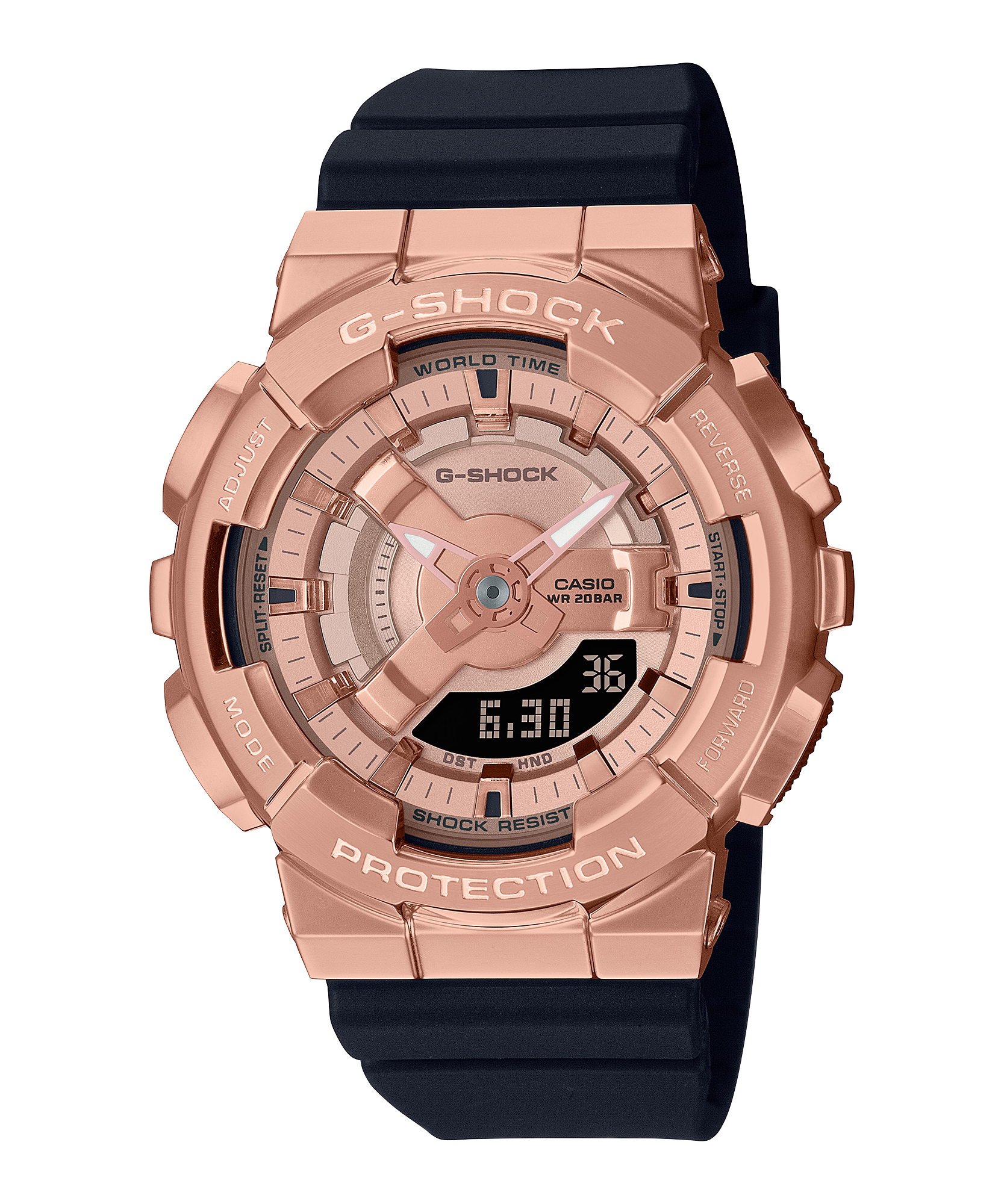 Rose gold G-Shock watch with a black strap.