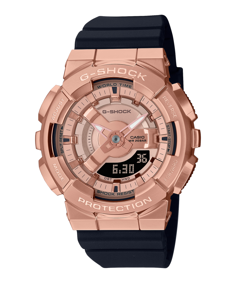 Rose gold G-Shock watch with a black strap.