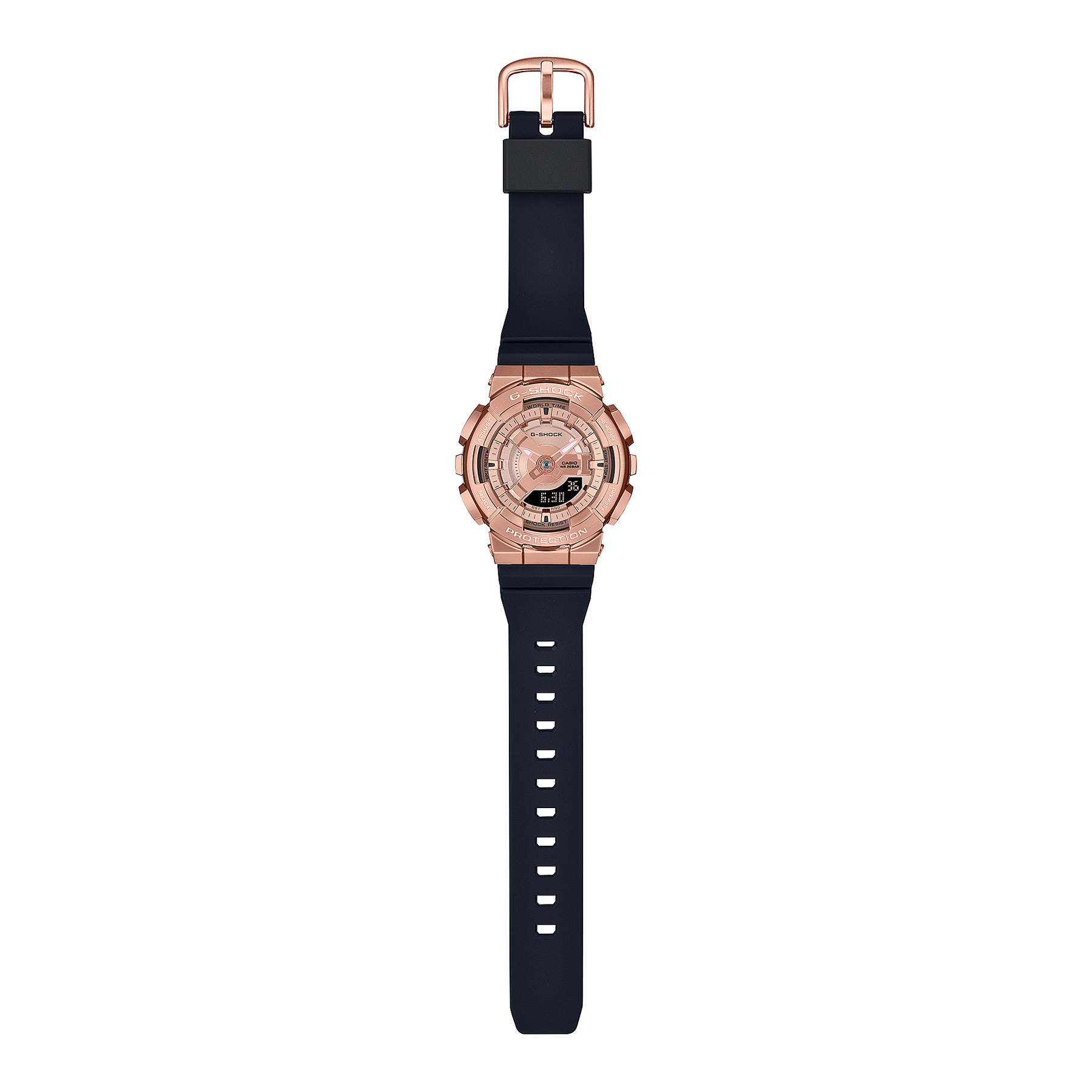 Rose gold and black digital wristwatch with a sporty design.