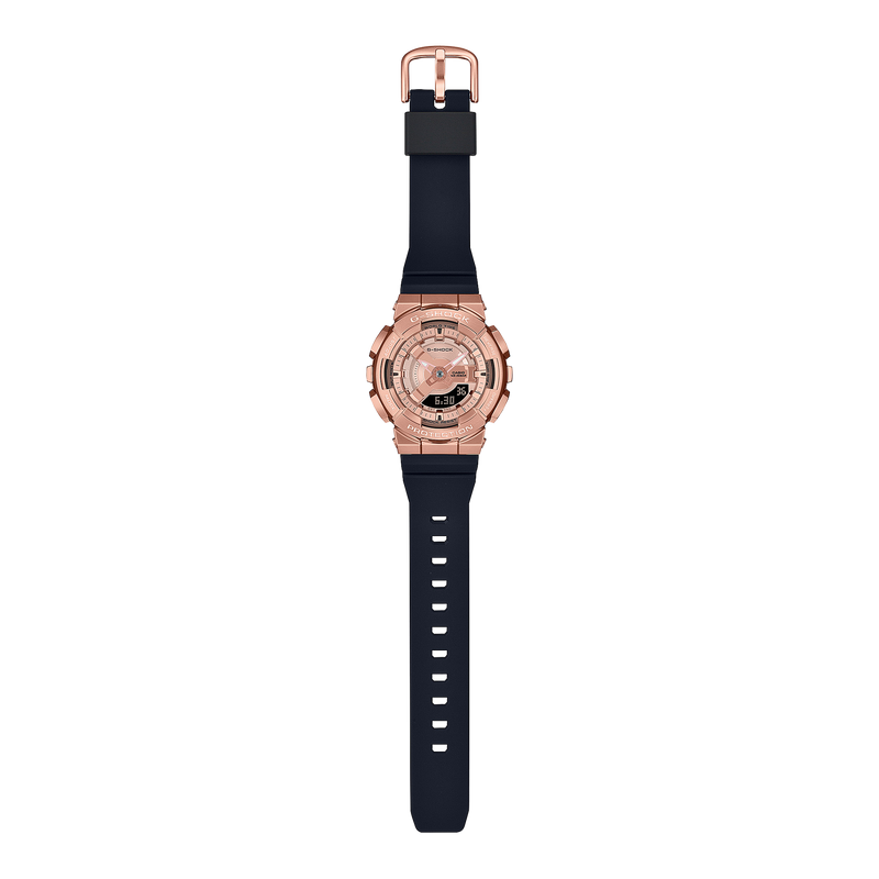 Rose gold and black digital wristwatch with a sporty design.