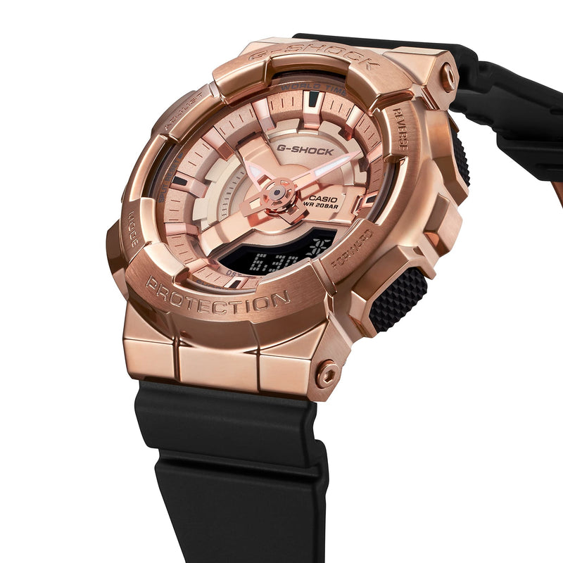 Rose gold G-Shock watch with a black rubber strap.