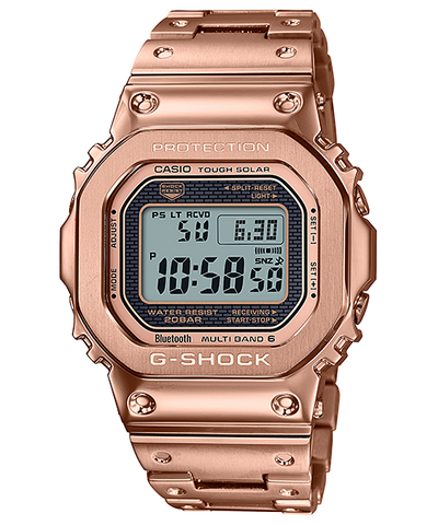 Rose gold G-Shock digital watch with a square face and metal bracelet.