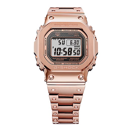 Rose gold G-Shock digital wristwatch with a square face and metal bracelet.