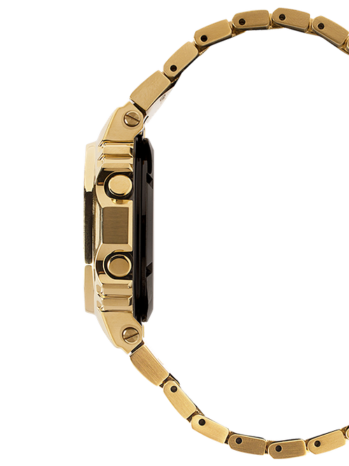 Gold-toned digital wristwatch with a metal link band.