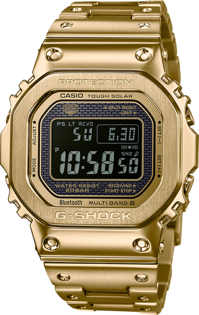 Gold-colored digital wristwatch with a square face and metal band.