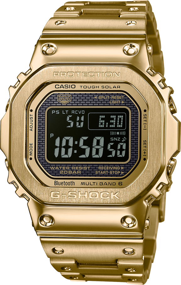 Gold-colored digital wristwatch with a square face and metal band.