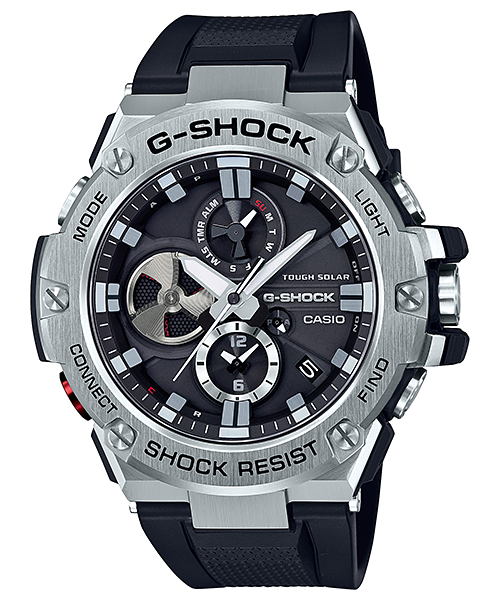 G-Shock wristwatch with a silver metallic case and black dial featuring multiple subdials.