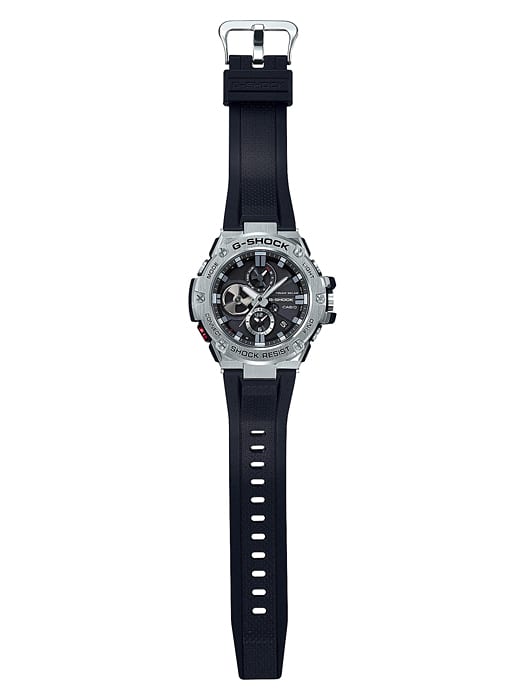 Rugged sports watch with a black strap and metallic case.