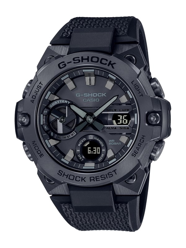 Rugged black G-Shock wristwatch with multiple dials and a digital display.