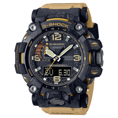 Rugged G-Shock wristwatch with a black and tan color scheme featuring both analog and digital displays.