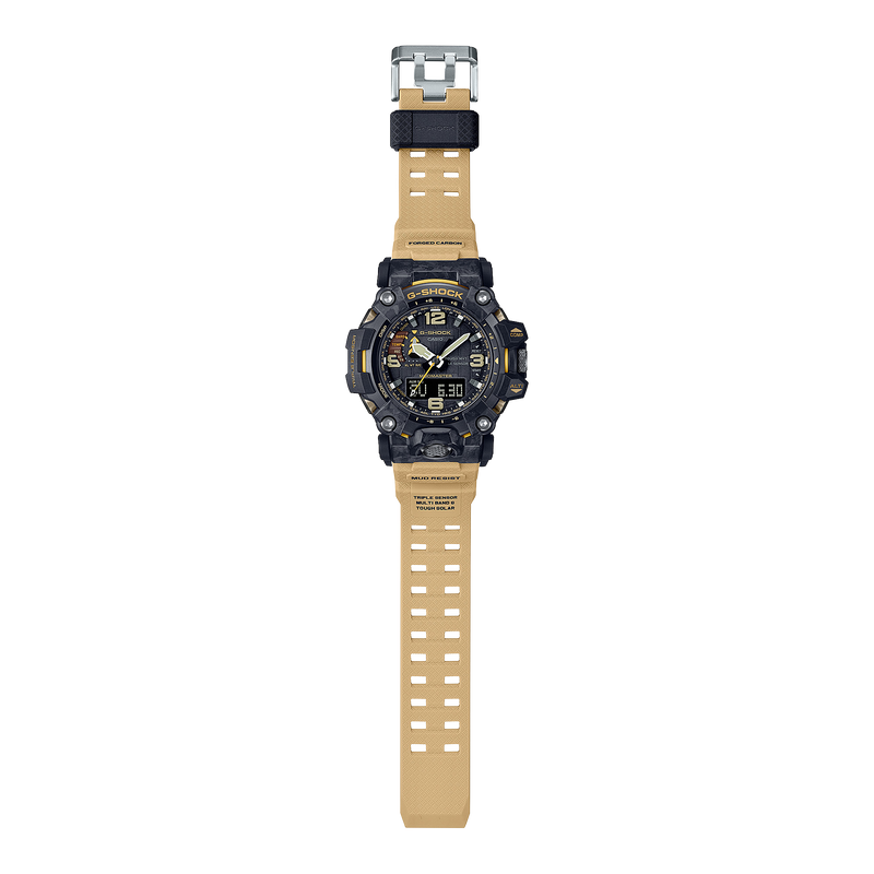 Rugged digital wristwatch with a black face and tan strap.