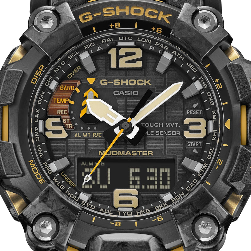 Rugged G-Shock watch with analog and digital displays featuring a black and gold color scheme.