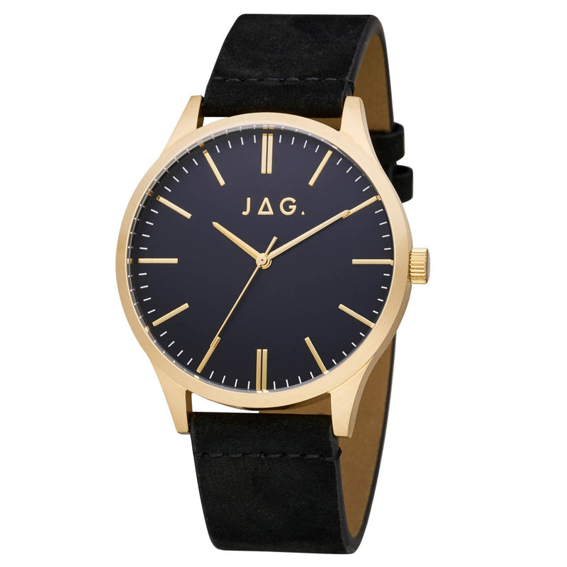 Gold-toned wristwatch with a black face and leather strap.