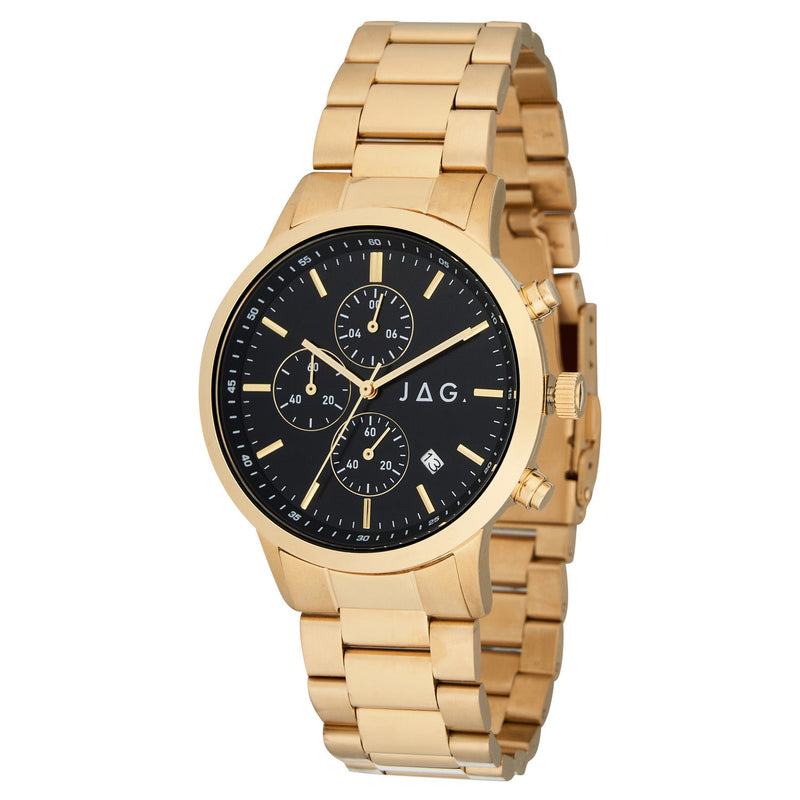 Gold-toned wristwatch with a black dial and multiple subdials.